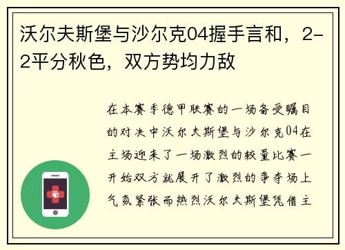 沃尔夫斯堡与沙尔克04握手言和，2-2平分秋色，双方势均力敌